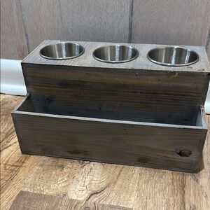 Rustic Wooden Utensil Holder with Metal Inserts